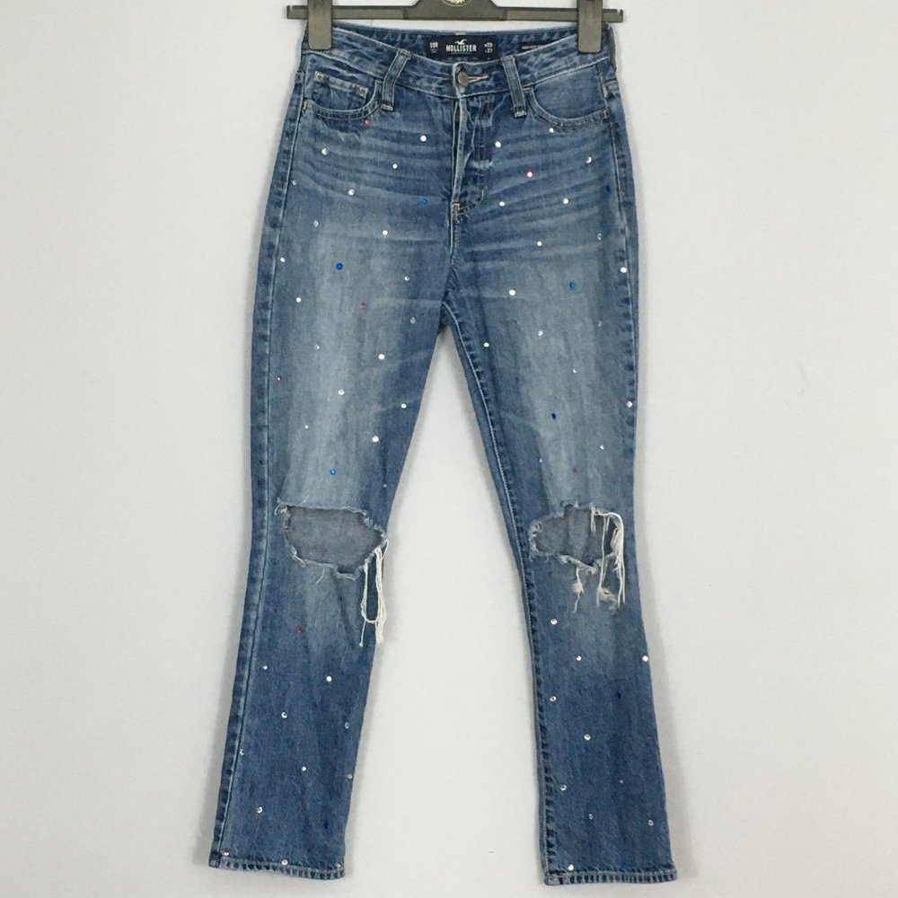 Hollister Womens 00R W23 L27 High Rise Vintage Straight Jeweled Distressed Jeans